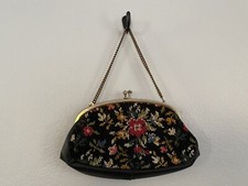Vintage Black Kiss Lock Wool Needlepoint Small Clutch Purse with Chain