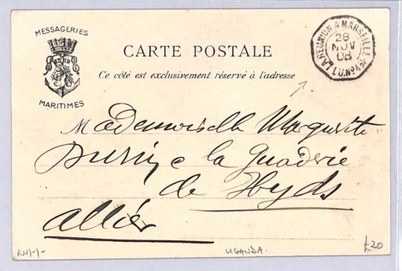 UGANDA Postcard VIEW SIDE Ethnic *FEMME MALGACHE* PPC 1908 FRANCE PAQUEBOT YF37 - Image 3 of 4