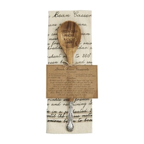 New Mud Pie Thanksgiving Sides Recipe Towel & Wooden Spoon Set, Green Beans gift - 第 1/2 張圖片