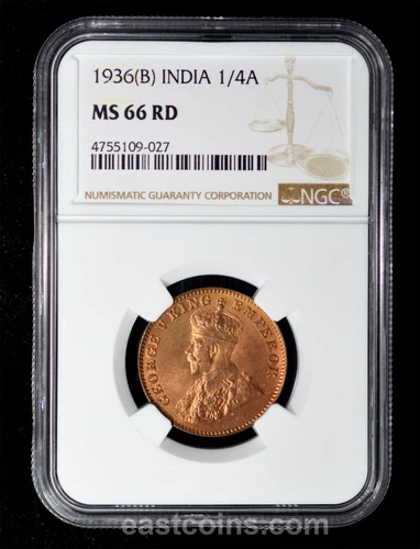 NGC MS66 RD 1936-B British India 1/4 Anna