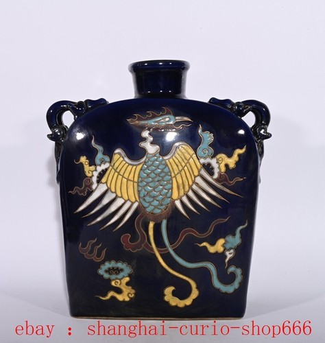 12"yuan blue glaze porcelain dragon loong Phoenix bird vase bottle pot A pair - Picture 5 of 9