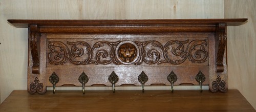 FINE DUTCH HEAVILY CARVED OAK COAT HAT SCARF WALL RACK HANGER LION HEAD CARVED - Picture 2 of 12