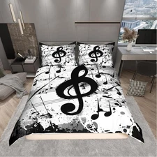 Music Notes Bedding Set Queen,Black White Comforter Cover for Boys Girls,Spla...