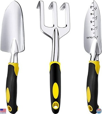 3 Piece Heavy Duty Gardening Tool Set - Trowel, Transplanter, Rake, Ergo Grip