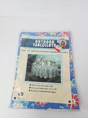 Vintage Elrene outdoor tablecloth 70'' round blue floral flowers New zipper