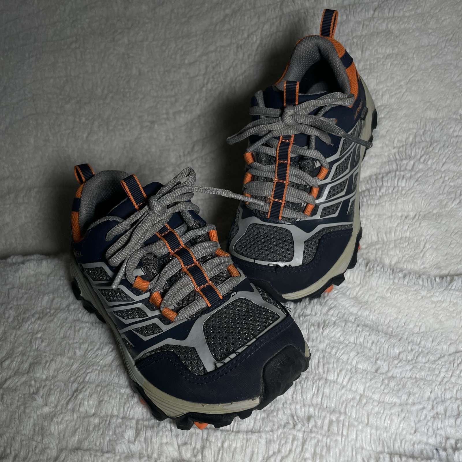 Scarpe da trekking Merrell Moab basse ragazzo taglia 12 impermeabili grigio navy arancione