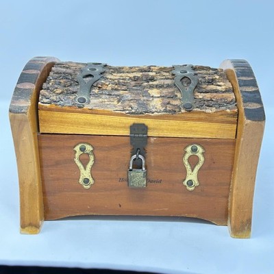 Vintage Handmade Wood Treasure Chest with Live Edge Tree Bark Lid- Keepsake Box
