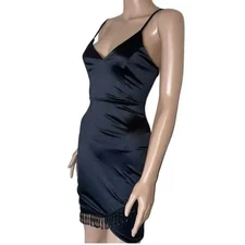 E.L.H. Studio Black Dress Mini V Neck Satin Beaded Fringe Bodycon Wimsigoth L