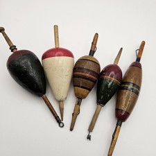 Lot Of 5 Vintage Fishing Bobbers Floats Wooden Red White Green 4-6" Ornament