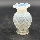 Fenton Moonstone Hobnail Clear White Opalescent Bud Vase 3.75" Ruffle Edge Vtg
