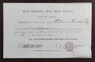 1878 South Staffordshire Water Works Company Birmingham & Midland Bank Quittung