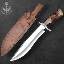 Custom Handmade Bowie Knife with Leather Sheath Wooden Handle Hunting Knife