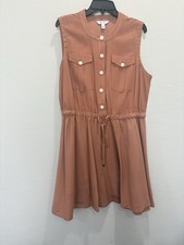 Nine West Brown Sleeveless Shirt Dress S Button Drawstring Waist Pockets