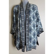 Max Studio Womens L Kimono Blue Paisley Open Front Cardigan Chic Boho Beach