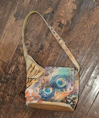 Anuschka Hand Painted Leather Crossbody Purse Peacock Safari Flap Boho Style