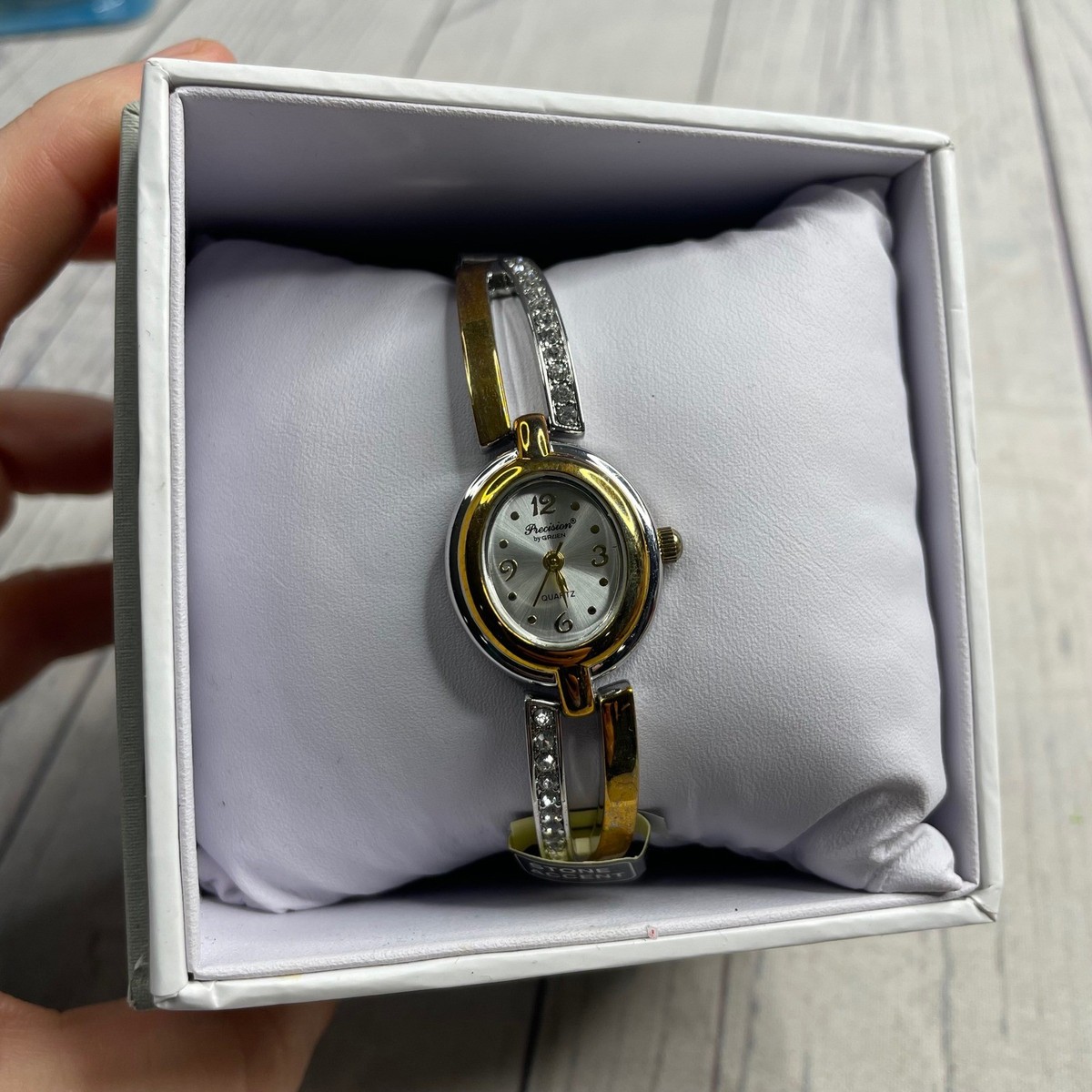 Precision Designs Silver Tone Rhinestone Oval Face Mesh Band Dress Watch Japan Facet Oval Petite Forest Green Dial Gold Milanese Mini Watch  main image 3