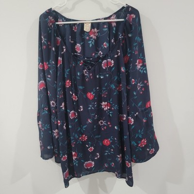 Faded Glory Womens Top Size 3X Floral Blue Peasant Boho