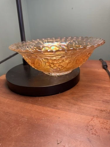 Vintage Carnival Glass Marigold Grape & Autumn Leaf Pattern Ruffle-Top Bowl 8.5"
