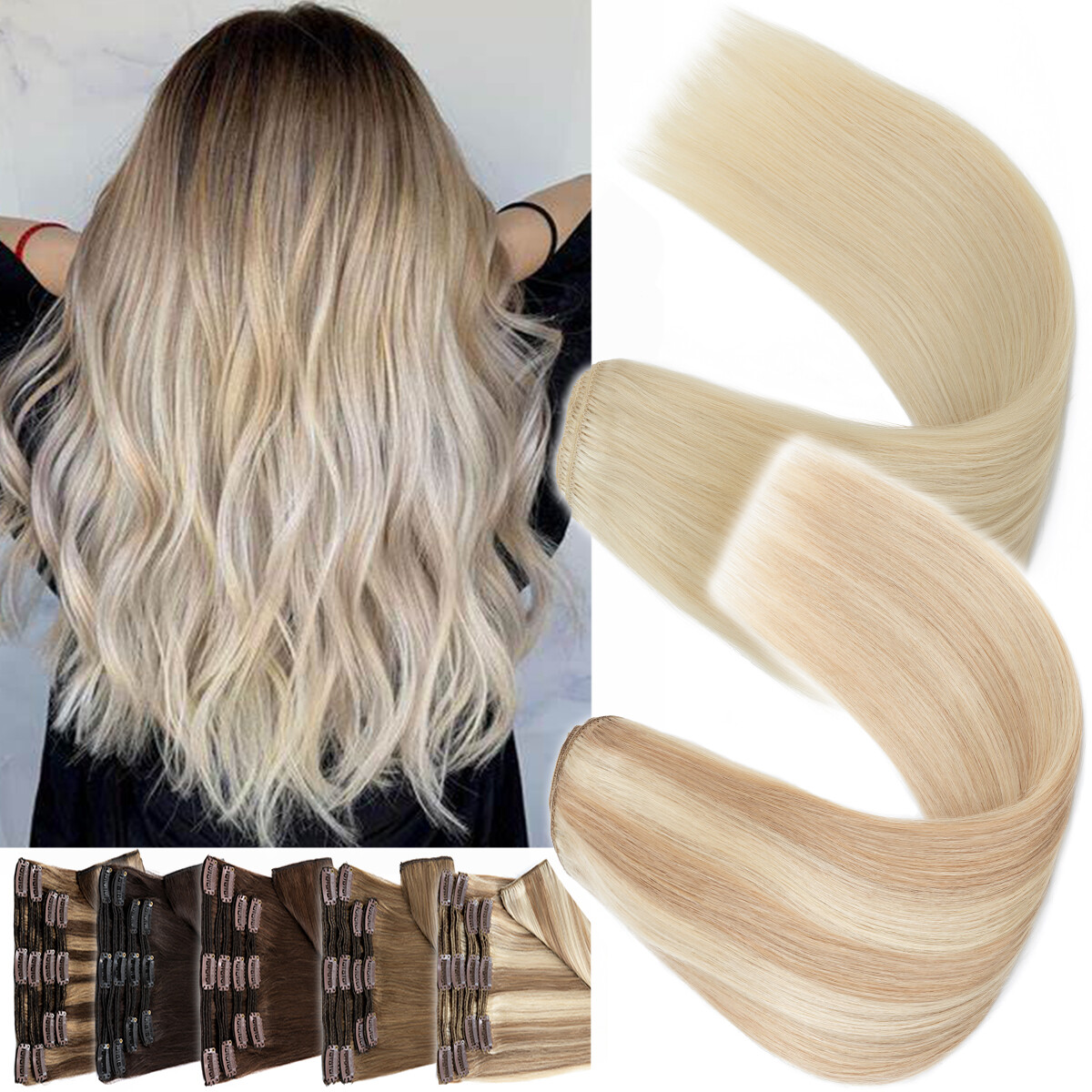 REMY Double Weft Clip In 100% Human Hair Extensions Thick 