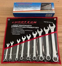 Eurotech 9pc Whitworth Ring Open End Spanners Set BSW Whit 1/8"-5/8" Cr-V Taiwan