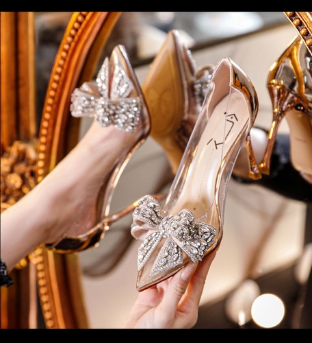 Women's Transparent Rhinestone Bow Pointed Toe Stiletto Heel Wedding Party Shoes - Picture 15 of 15