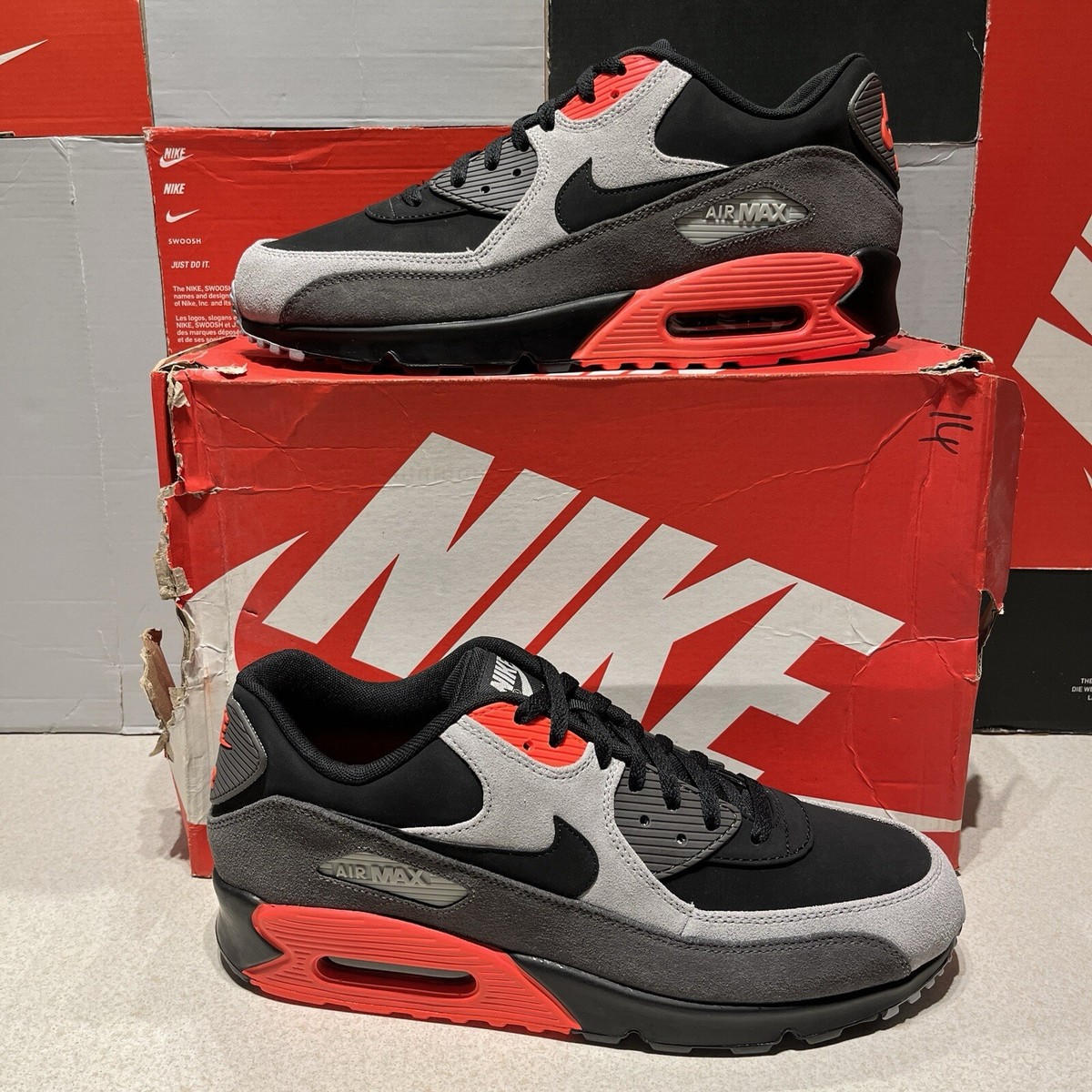 Nike Air Max 90 LTR Premium BLACK/MEDIUM ASH GREY-CRIMSON UK 11 US 12  666578-003