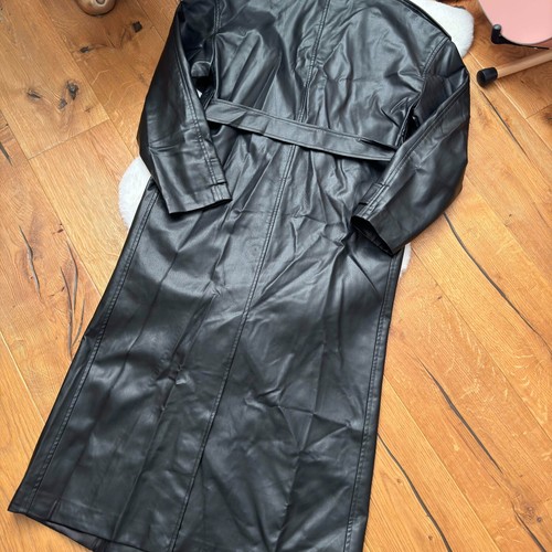 ZARA DOUBLE BREASTED BLACK FAUX LEATHER TRENCH COAT BELT Long size XS 4432 - Picture 17 of 19