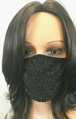 BLACK BLING RHINESTONE BLACK  CRYSTAL FACE MASK WITH FILTER INCLUDED