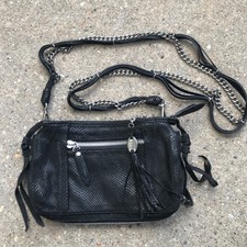Olivia Harris Crossbody Handbag Black Snakeskin Leather Chain Strap Biker Fringe