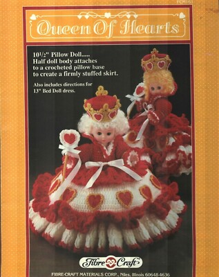 QUEEN OF HEARTS PILLOW & BED DOLL DRESS FIBRE CRAFT CROCHET PATTERN LEAFLET
