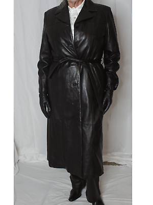 Womens Wilsons Leather Trench Coat Black L Long SOFT Womens Wilsons Leather Trench Coat Black L Long SOFT