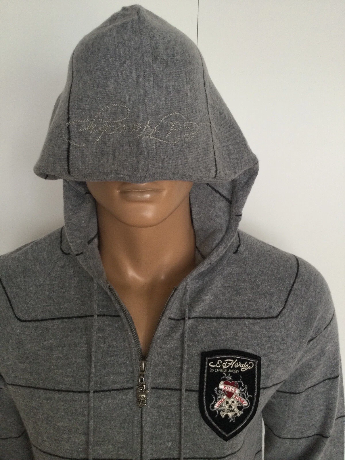 OFF WHITE Felpa con cappuccio grigia a righe Ed Hardy di Christian Audigier taglia M