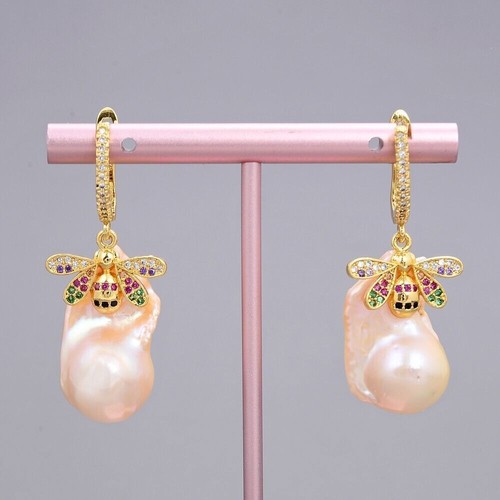 Natural Pearl Cultured Pink keshi Pearl Cz pave Insect Lever back Earrings