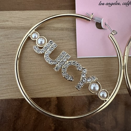 Juicy Couture Gold Tone Logo Hoop Earrings Faux Pearl & Crystal NWT - Picture 2 of 3