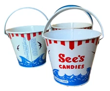 VTG 3 See's Candies Beach Pails 7oz Metal Lollypops Chocolates Saltwater Taffy