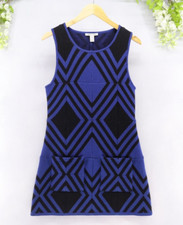 Alice+Olivia Women's Retro Mini Sweater Dress Geometric Blue Black Wool Sz M