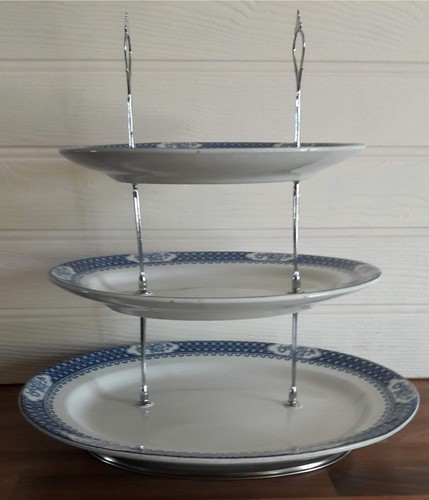 3 TIER LARGE PASTRY CAKE PLATE STAND DISPLAY FLOW BLUE WHITE CORONA WARE DOUBLE - Picture 7 of 10
