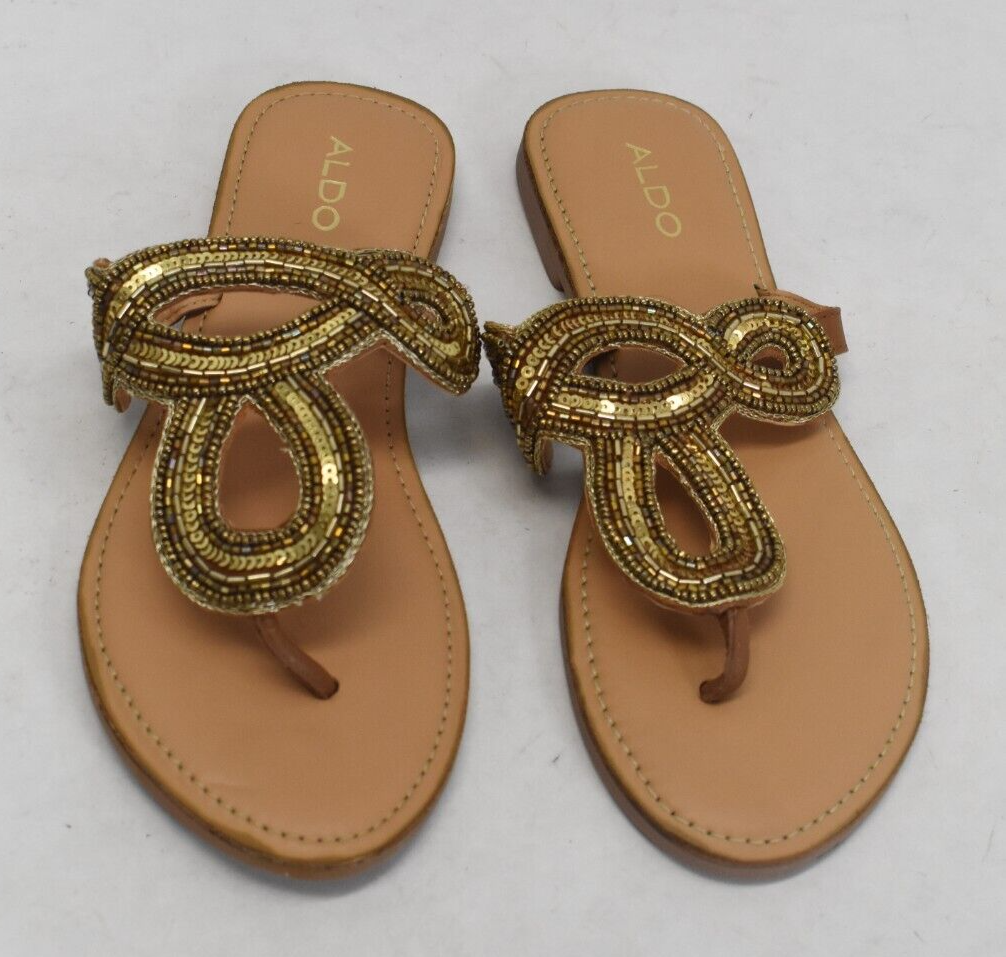 Aldo Gold Beaded Sandals Thong Slip On Flat Brown Golden Color Womens Size 6 eBay
