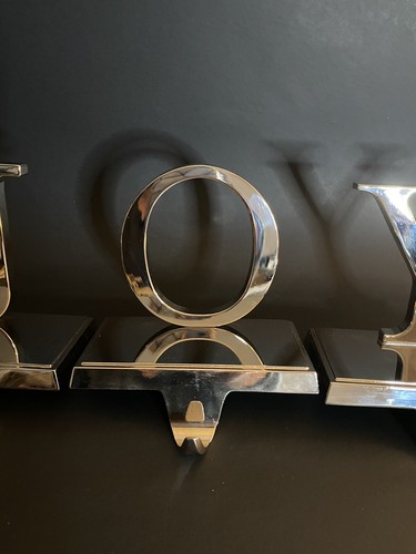 Set of 3 Shiny Silver Beveled JOY Christmas Stocking Holders 5-Inch Heavy - Picture 4 of 8