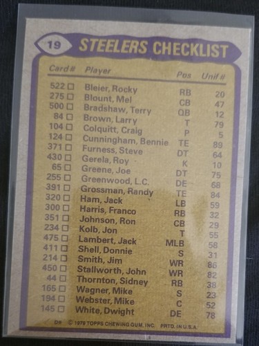 1979 Topps Football #19 Steelers Team Leaders Checklist Tony Dungy RC **Nice** - Picture 2 of 2