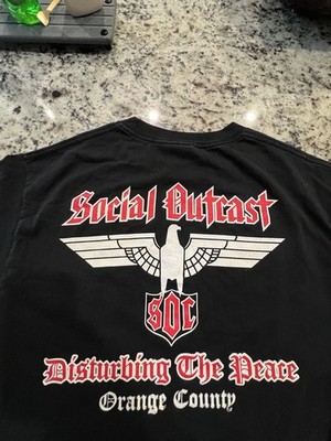 Vintage Social Outcast SOC Disturbing The Peace Tee Shirt L Murina USA Orange Co