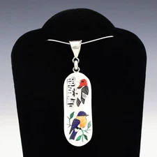 NATIVE AMERICAN ZUNI WOODPECKER & EASTERN BLUE BIRD PENDANT BY QUINTIN QUAM