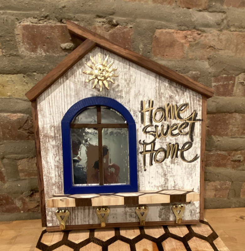 Rustic Distressed Wood House Wall Key Rack w/ 4 Metal Hooks, Blue Window