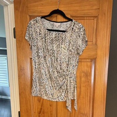 CB Established 1962 Women's Abstract Gray/White V-Neck Tie Blouse Size M
