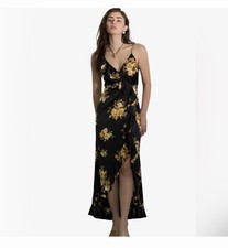 Black Floral High-Low Ruffle Maxi Dress with Golden Floral Print