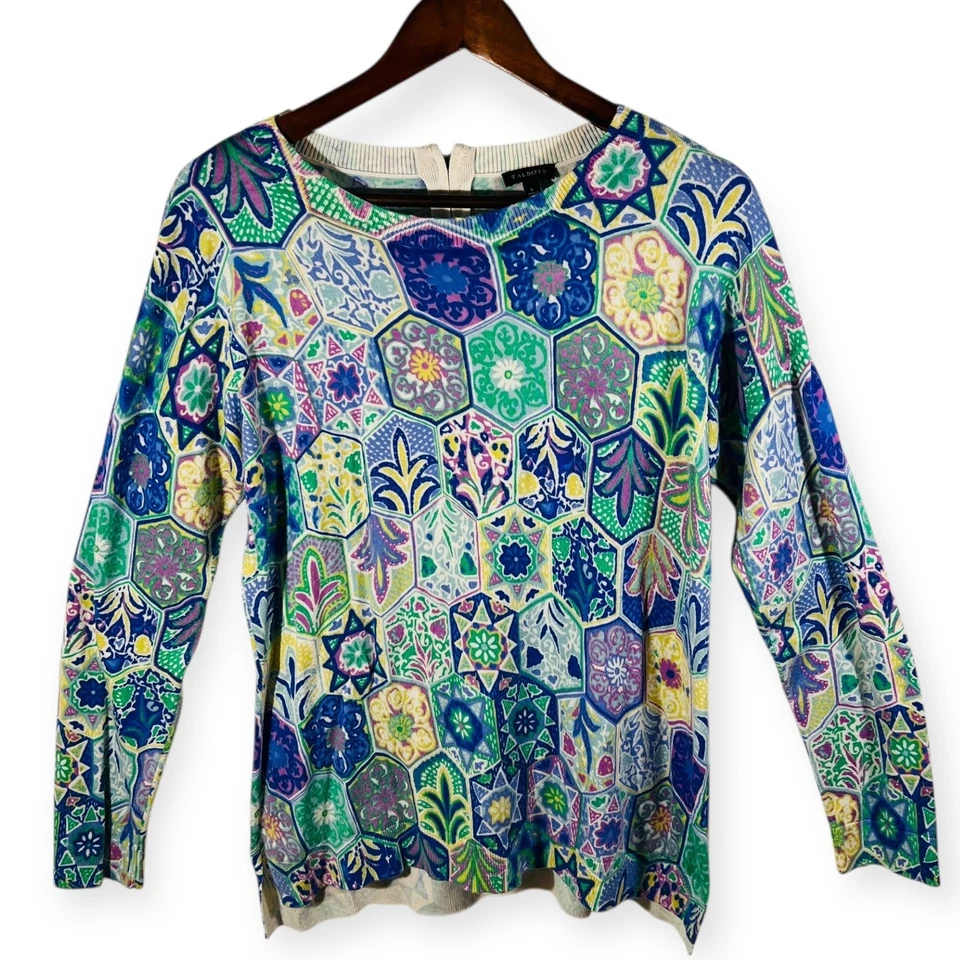Suéter Talbots Para Mujer Grande Estampado Azul Cuello Redondo Algodón Manga Larga Pullover Foto 3 de 4