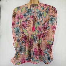 Miken Swim Womens Tropical Floral Pom Pom Cover Up Top Pink Blue Small I9366C665
