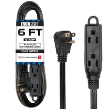 6 Ft Extension Cord with 3 Electrical Power Outlets - 16/3 Durable Black Cable