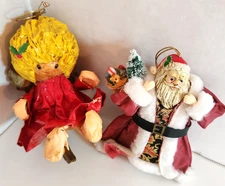 Rare Vintage Paper Mache Angel On Moon & Santa Cloth Mache Christmas Ornament
