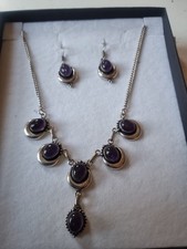 29.71 grams sterling silver necklace and earring set multiple amethyst cabochons